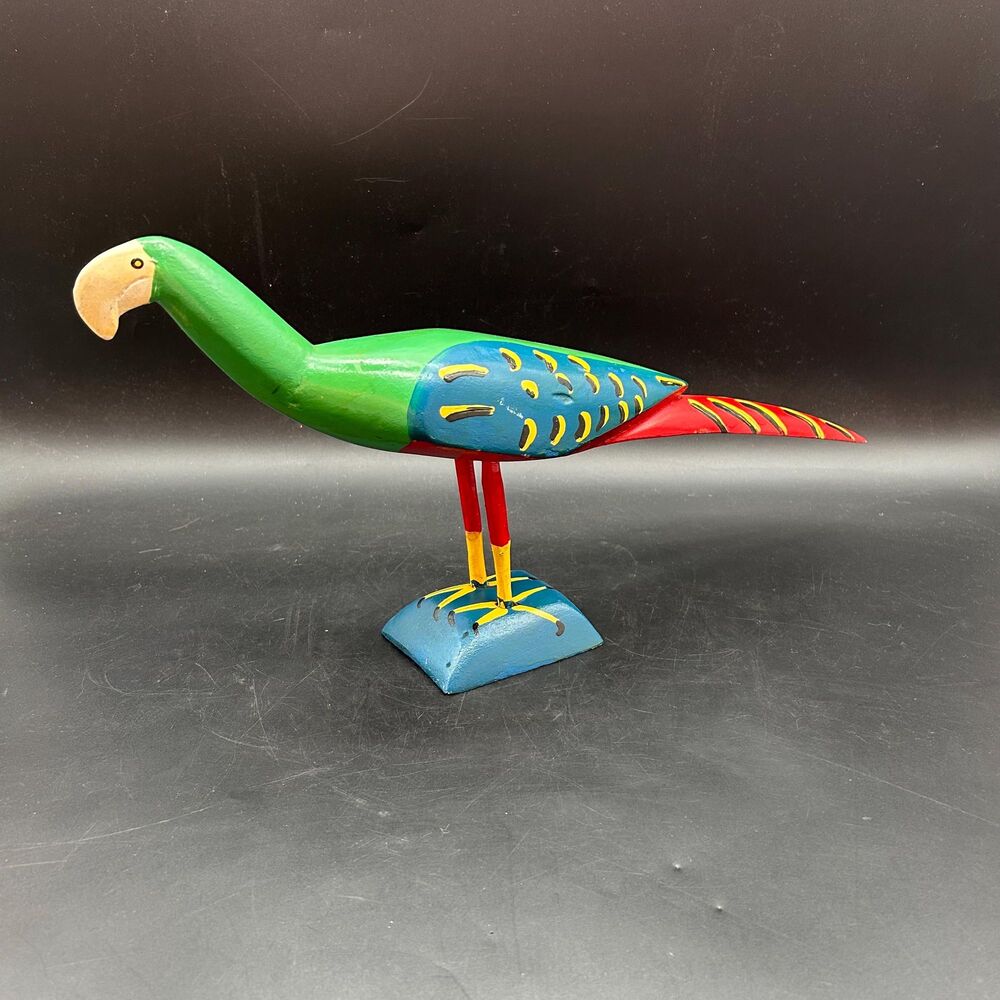 Hand Carved Wooden Parrot Sculpture, Folk Art Tropical Bird Figurine